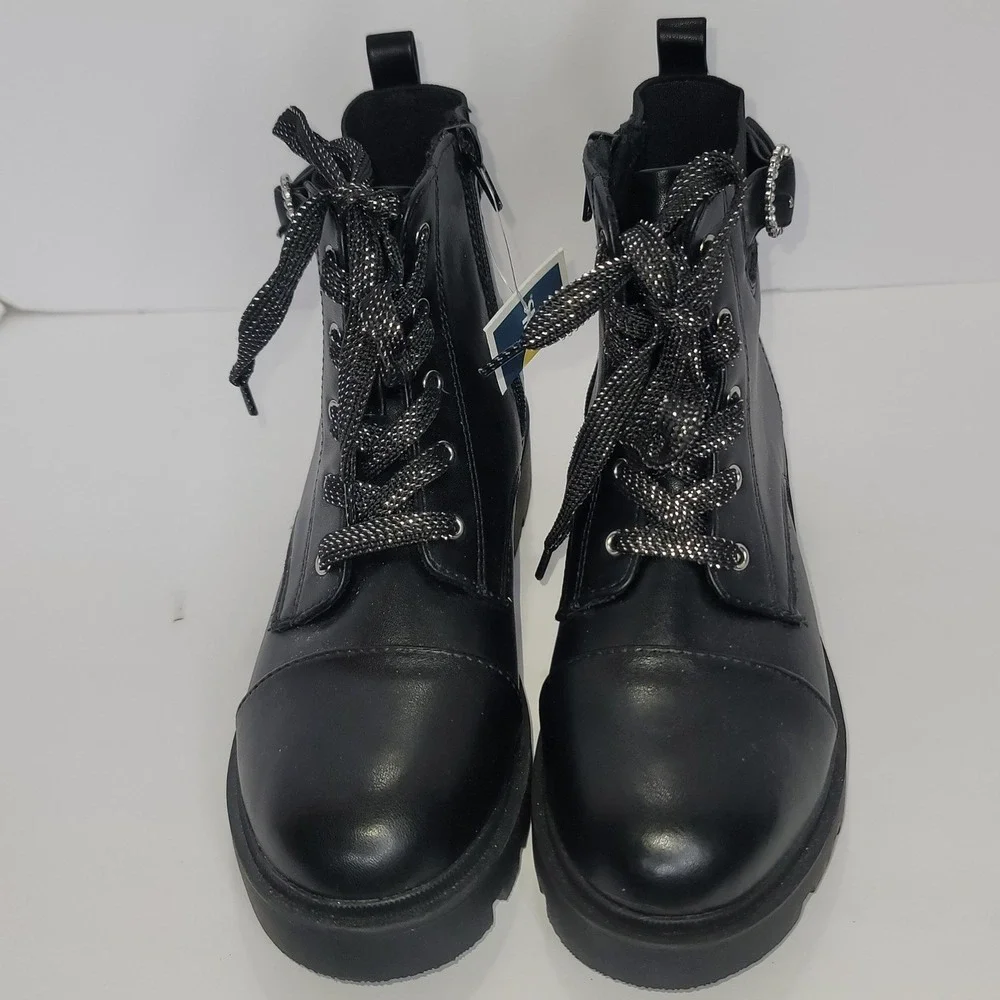 Joie Black Kids Metallic Laces Combat Boots Rhinestone Buckle & Side Zip Sz3 Y2K